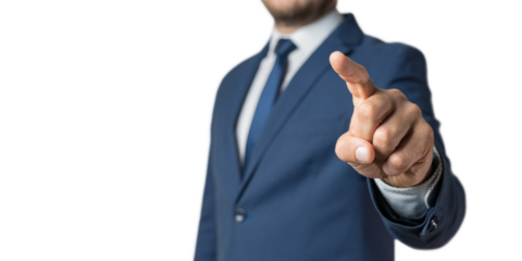 Businessman touches a virtual button, focus on a finger, transparent background