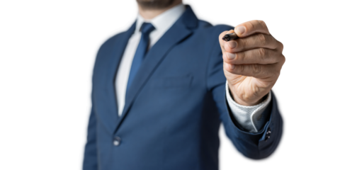 Businessman touches a virtual button, focus on a pencil, transparent background