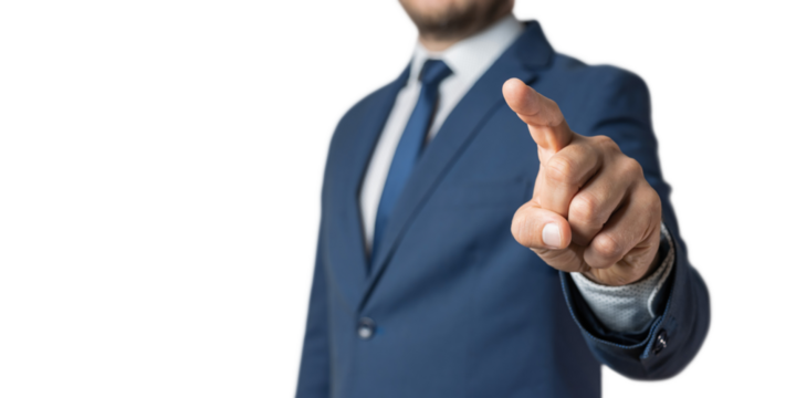Businessman touches a virtual button, focus on a finger, transparent background
