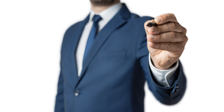 Businessman touches a virtual button, focus on a pencil, transparent background