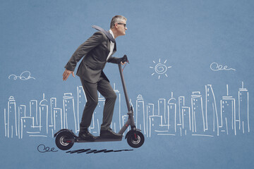 Businessman riding an electric scooter and sketched city