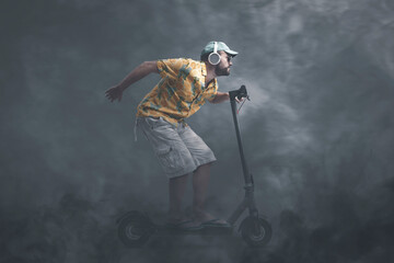 Man riding a scooter surrounded by smog