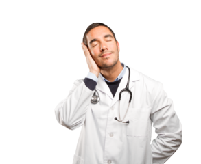 Happy doctor sleeping against white background