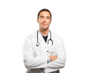 Confident doctor against white background