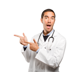 Happy doctor pointing against white background
