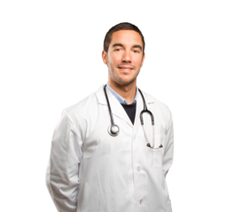 Confident doctor against white background