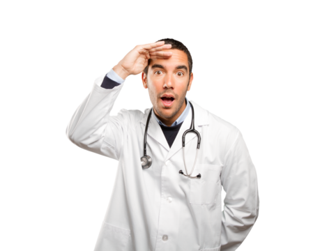Surprised doctor with search gesture against white background