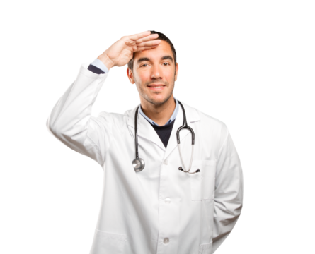 Surprised doctor with search gesture against white background