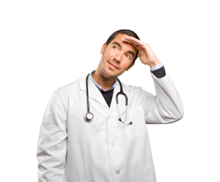 Surprised doctor with search gesture against white background