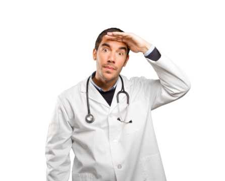 Surprised doctor with search gesture against white background