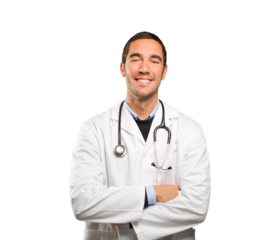 Confident doctor against white background