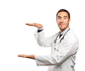 Happy doctor show gesture against white background