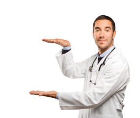 Happy doctor show gesture against white background