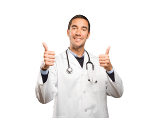 Satisfied doctor with an okay gesture against white background