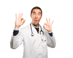 Satisfied doctor with an okay gesture against white background