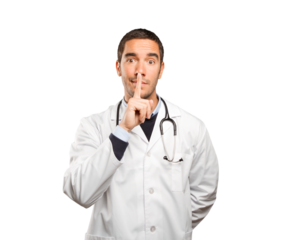 Serious doctor with silence gesture against white background