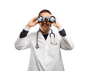 Surprised doctor using a binoculars against white background