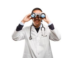 Surprised doctor using a binoculars against white background