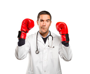 Fighter doctor against white background