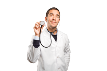 Confident doctor using a stethoscope against white background