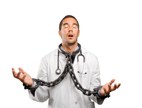 Concerned doctor with chains against white background