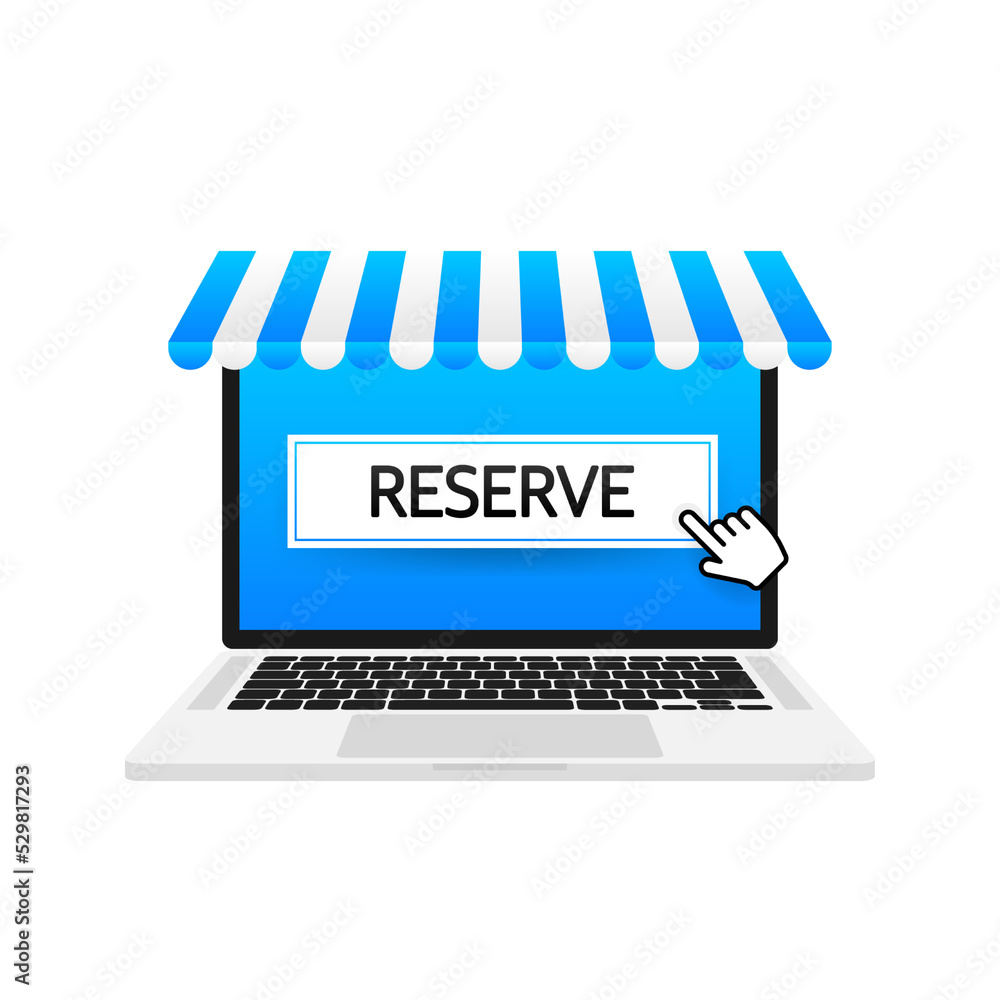 Poster flat button with blue reserved button. flat line vector illustration. online store. vector icon