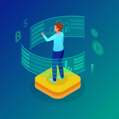 Isometric design concept business analytics with people making various graphs and diagrams