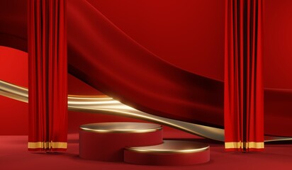 3D rendering of blank product background for cream cosmetics Modern red podium background