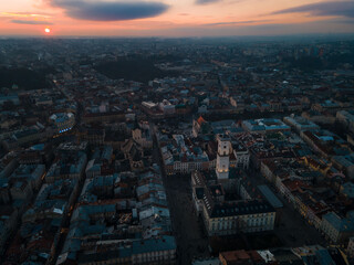 Fototapeta na wymiar aerial view of lviv city center on sunset