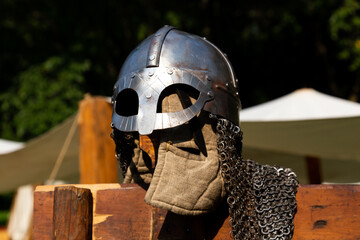 Medieval knight metal helmet replica displayed during the Quebec Celtic Festival held in the...