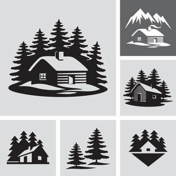 Log Cabin House in The Woods Vector Icons