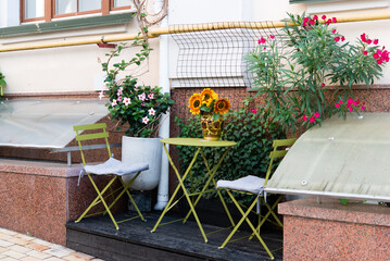 Fototapeta na wymiar outdoor table and chairs with floral decor