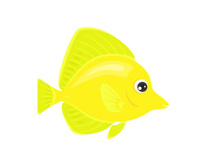 Cute aquarium fish. Zebrasoma or Yellow Tang  isolated on white background. Vector cartoon illustration.