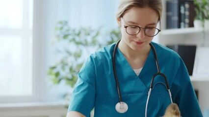 Experienced vet doctor examining corgi dog at animal clinic, health check-up