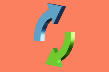 Double reverse arrow. Replace icon on pink background. Green and blue arrows. Exchange linear sign isolated. Arrow exchange for your design. Double reverse symbol for website. 3d rendering.