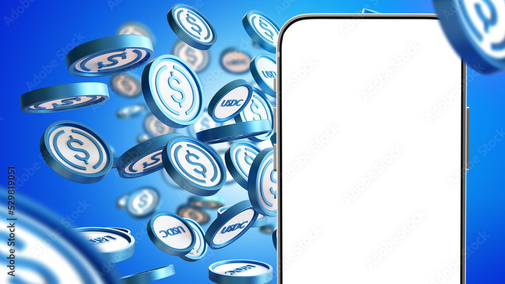 Poster ucdc app. phone template. buying ucdc via smartphone concept. phone white screen. ucdc money on blue