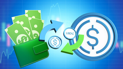 UCDC wallet. Crypto money USDC. Dollars in wallet. Exchange dollars for USDC. Buying digital dollar. Blockchain trading and investment. Exchange fiat currency for crypto. USDC money on blue. 3d image - obrazy, fototapety, plakaty