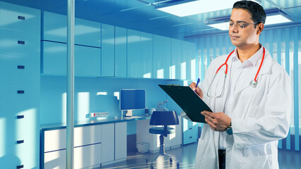 Head physician of hospital. Man in white coat. Head physician of private clinic. Doctor makes notes...