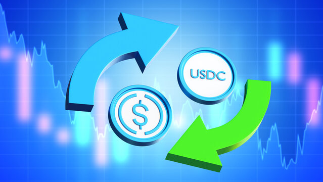 USDC converting. Exchange fiat currencies for digital money. Coin with dollar symbol on blue. USDC and converting arrows. USDC money for digital payments. Exchange to buy or sell stablecoin. 3d image