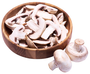 Sliced white champignon mushrooms in wooden bowl isolated