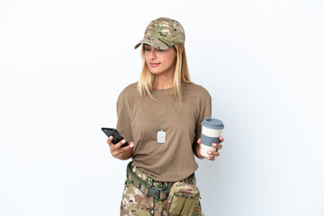Military woman with dog tag isolated on white background holding coffee to take away and a mobile