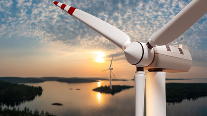 Naklejka na ściany i meble Wind turbines. Lots windmills. Generation of electricity from wind. Summer landscape with windmills. Farm with turbines over lake. Eco-friendly wind power plant. Offshore Electro Station. 3d image.