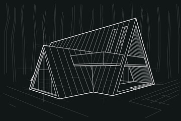 Linear architectural sketch residental building - triangle forest cottage on black background