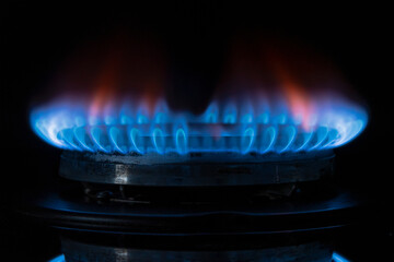 The gas burner burns with a blue flame on a dark background, selective focus. Concept: gas heating, increase in gas prices and electric carriers.