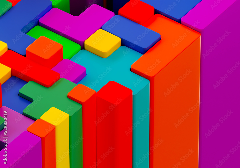 Poster tetris pattern. volumetric geometric elements. isometric blocks for tetris. multi-colored modules fr