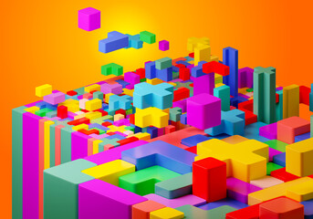 Obraz premium Geometric abstraction. Pixel bricks background. Pixel isometric blocks. Geometric elements falls down. Geometric background. Concept of logical video games. Logistics video game background. 3d image.