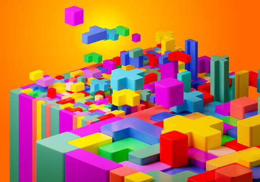 Geometric abstraction. Pixel bricks background. Pixel isometric blocks. Geometric elements falls down. Geometric background. Concept of logical video games. Logistics video game background. 3d image.