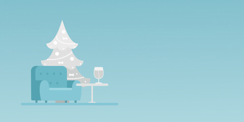 Christmas tree in silver color with cozy armchair on blue background. Place for your text. Copy space. Cartoon flat style. Vector illustration