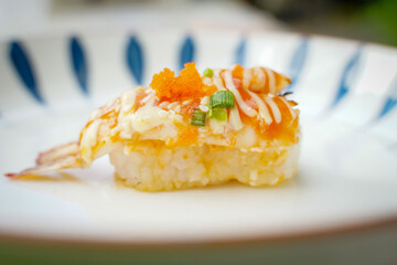 Fire-grilled shrimp sushi is a simple Japanese dish. The seafood is delicious.  sushi restaurant concept