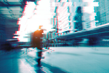 People walking street city with glitch photofilter